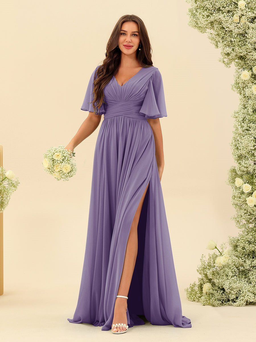 Robe Longue en Chiffon Élégante – Silhouette Fluide A-Line avec Fente Latérale et Volants