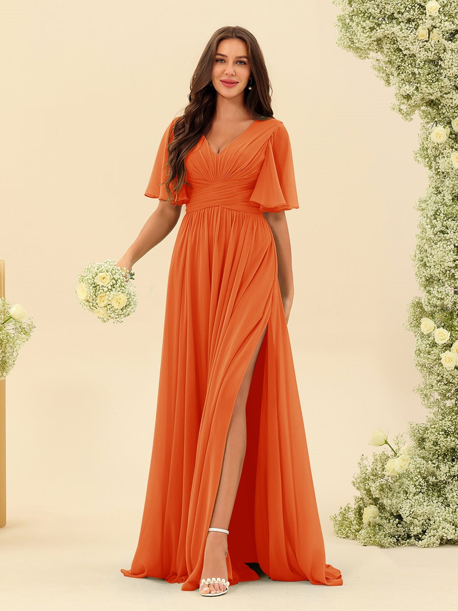 Robe Longue en Chiffon Élégante – Silhouette Fluide A-Line avec Fente Latérale et Volants