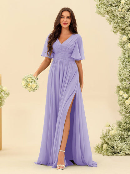 Robe Longue en Chiffon Élégante – Silhouette Fluide A-Line avec Fente Latérale et Volants