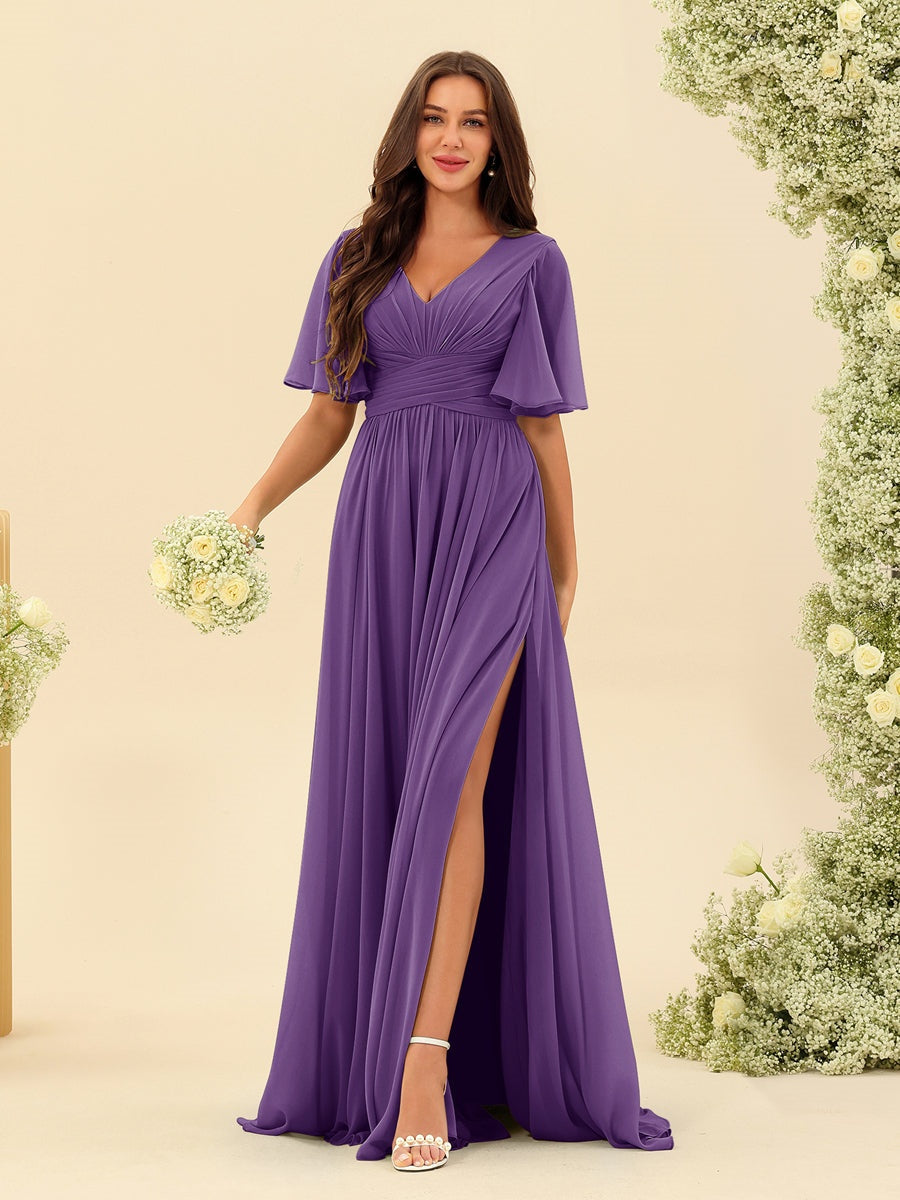 Robe Longue en Chiffon Élégante – Silhouette Fluide A-Line avec Fente Latérale et Volants