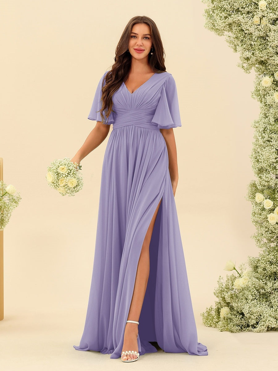 Robe Longue en Chiffon Élégante – Silhouette Fluide A-Line avec Fente Latérale et Volants