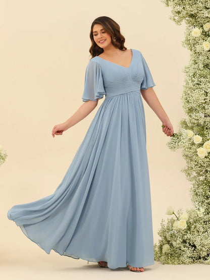 Robe Longue en Chiffon Élégante – Silhouette Fluide A-Line avec Fente Latérale et Volants