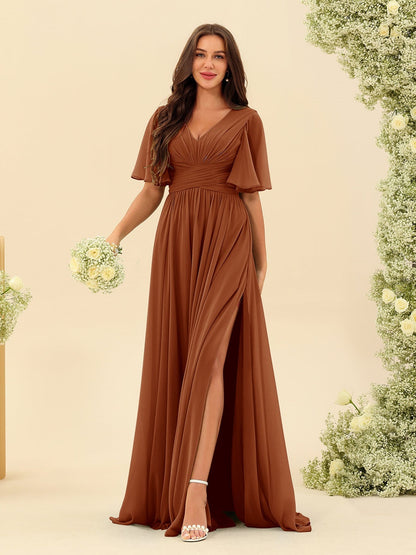 Robe Longue en Chiffon Élégante – Silhouette Fluide A-Line avec Fente Latérale et Volants