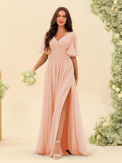 Robe Longue en Chiffon Élégante – Silhouette Fluide A-Line avec Fente Latérale et Volants