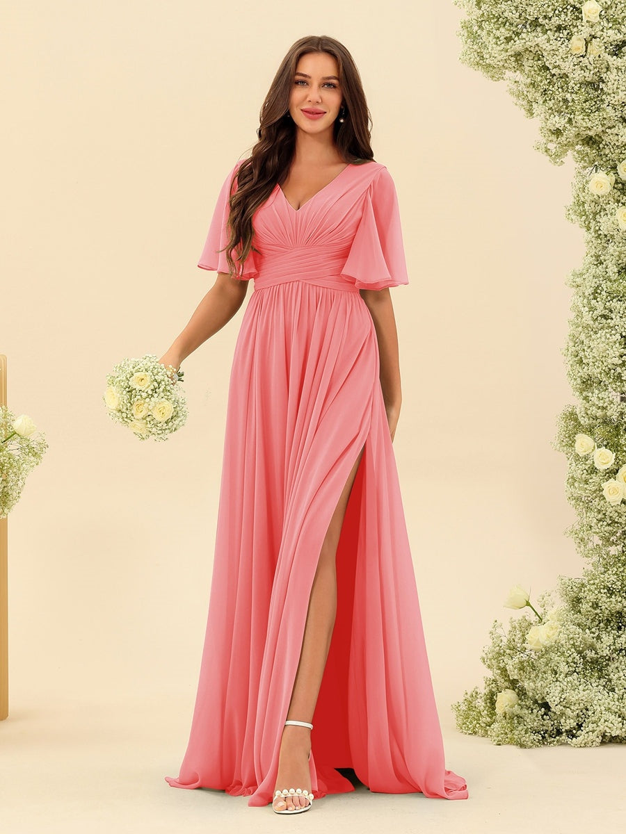 Robe Longue en Chiffon Élégante – Silhouette Fluide A-Line avec Fente Latérale et Volants