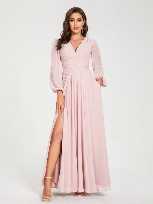 Long-sleeve trapeze bridesmaid dress for women – Elegant and formal style for wedding celebrations