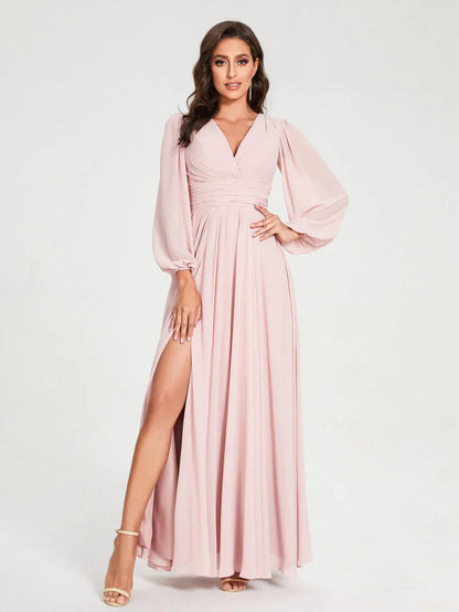 Robe de demoiselle d'honneur à manches longues et coupe trapèze pour femme – Style élégant et formel pour les fêtes de mariage