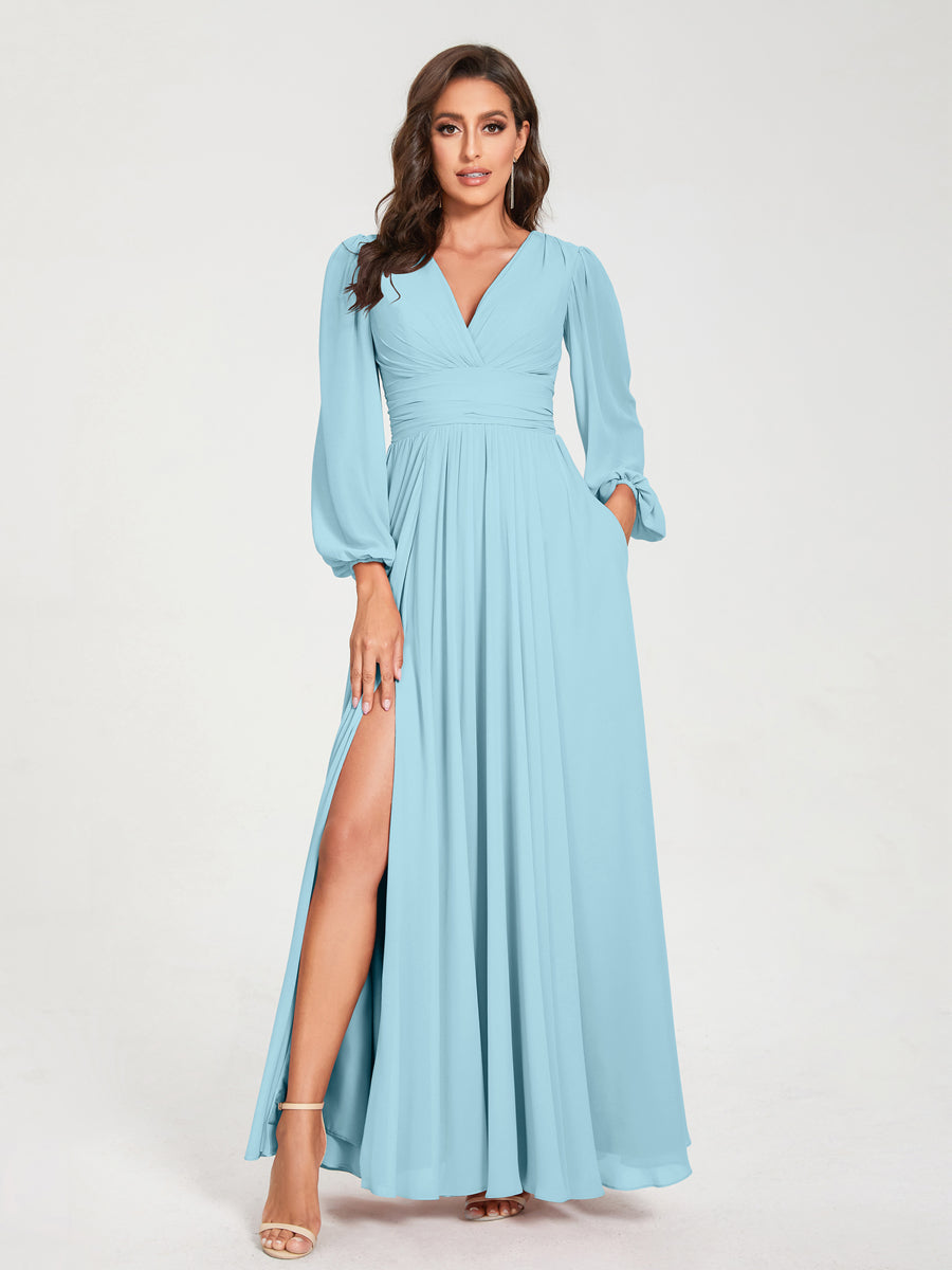 Robe de demoiselle d'honneur à manches longues et coupe trapèze pour femme – Style élégant et formel pour les fêtes de mariage
