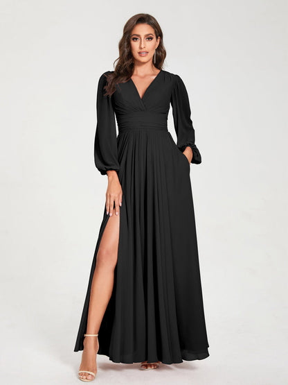Robe de demoiselle d'honneur à manches longues et coupe trapèze pour femme – Style élégant et formel pour les fêtes de mariage