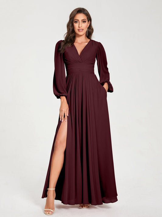 Vestito da damigella d'onore a maniche lunghe e taglio a trapezio da donna – Stile elegante e formale per feste di matrimonio