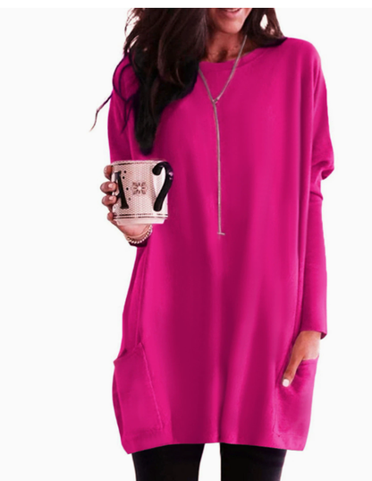 Women's Casual Cut Sweater Dress – Long Sleeves, Slightly Loose Round Neck