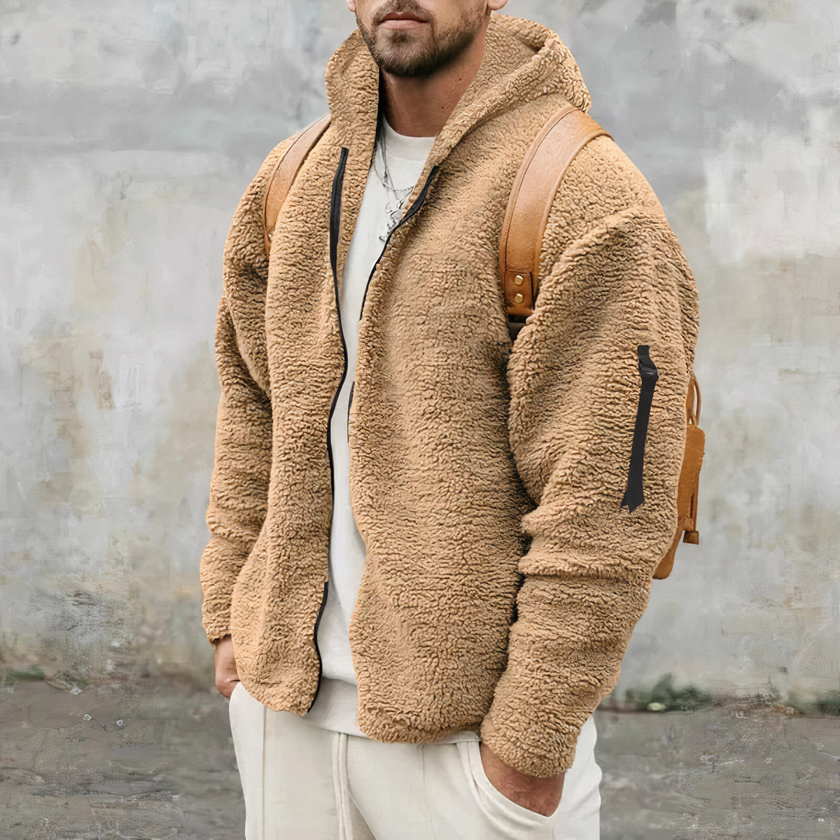 Veste à capuche en sherpa pour homme – Épais manteau zippé d’hiver