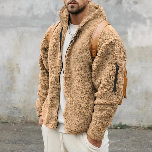 Veste à capuche en sherpa pour homme – Épais manteau zippé d’hiver