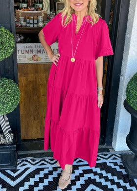 Robe longue à volants décontractée pour femme – Robe à manches courtes et col en V avec poches