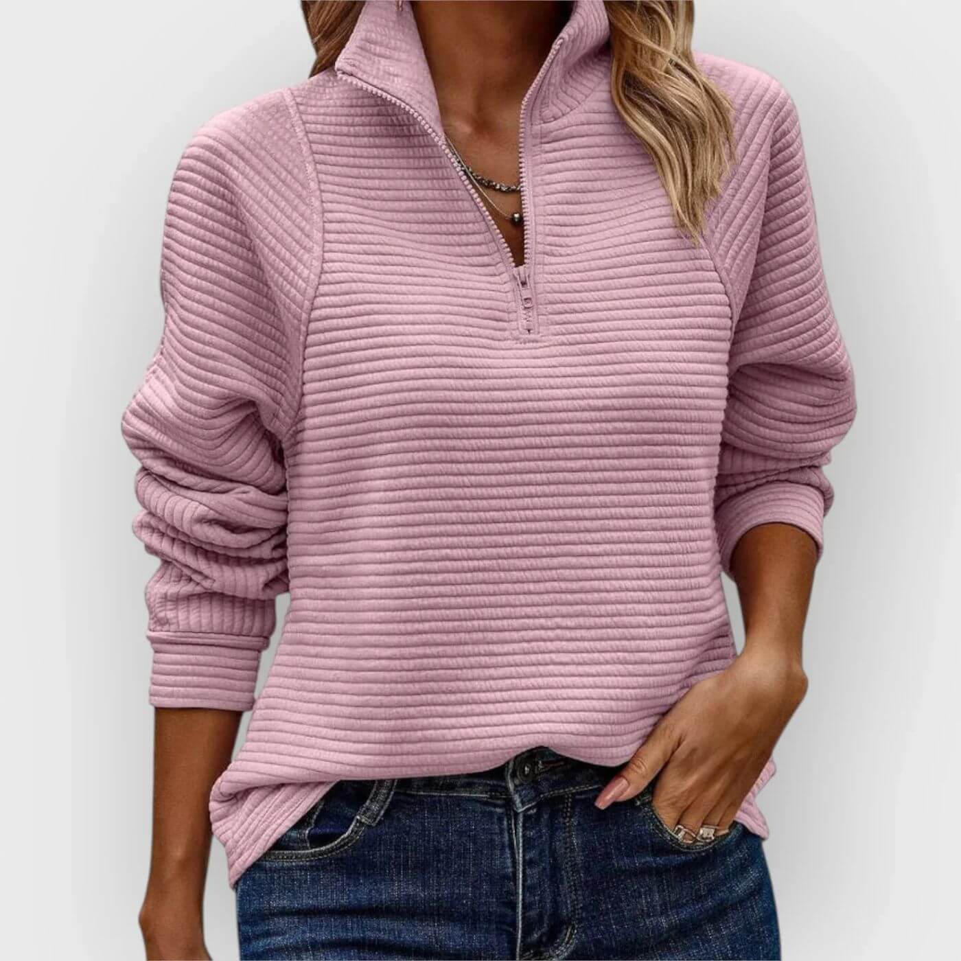 Pull côtelé à demi-fermeture éclair pour femmes – Pull en maille col en V élégant