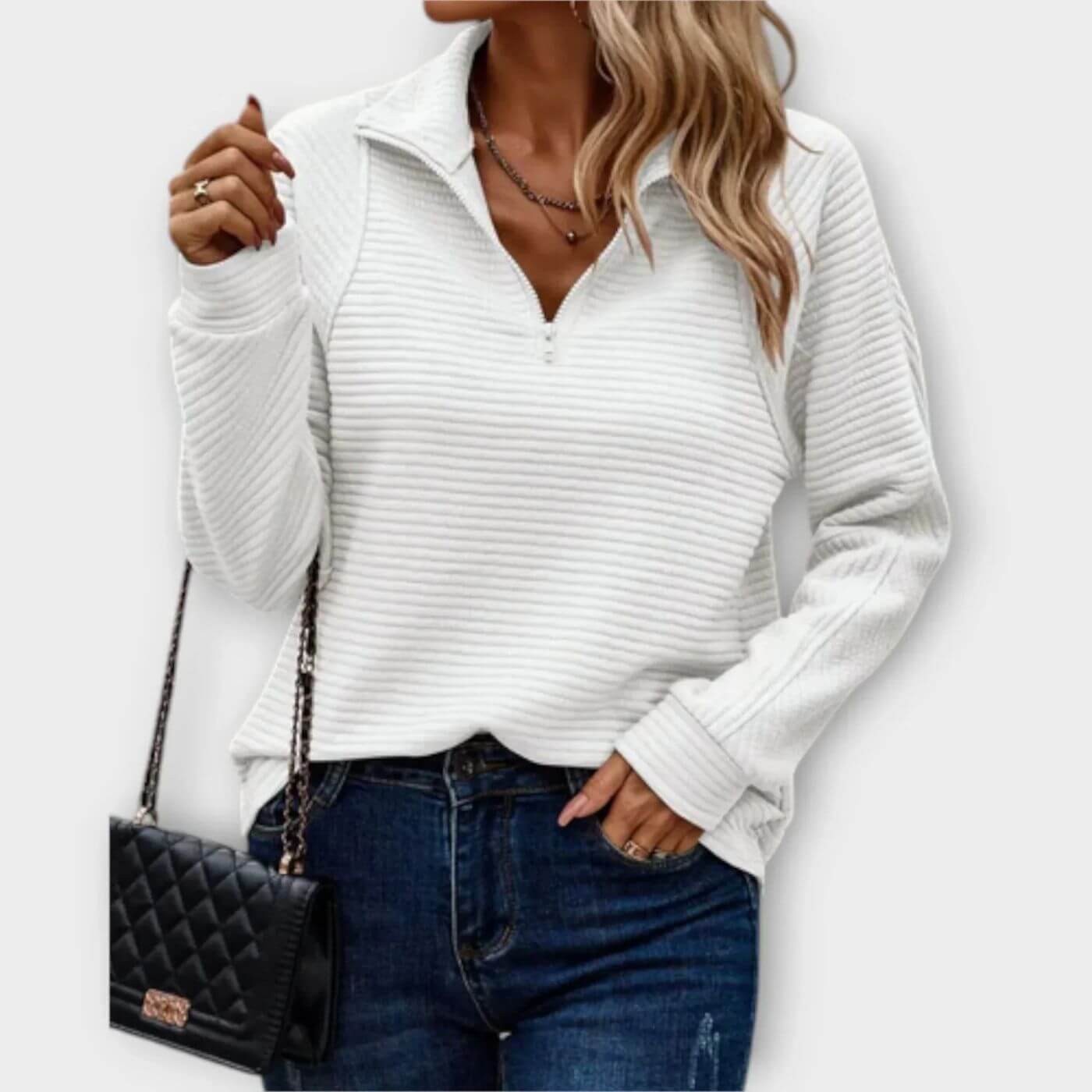 Pull côtelé à demi-fermeture éclair pour femmes – Pull en maille col en V élégant