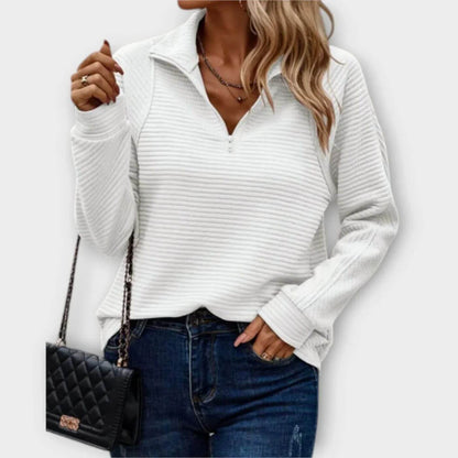 Pull côtelé à demi-fermeture éclair pour femmes – Pull en maille col en V élégant