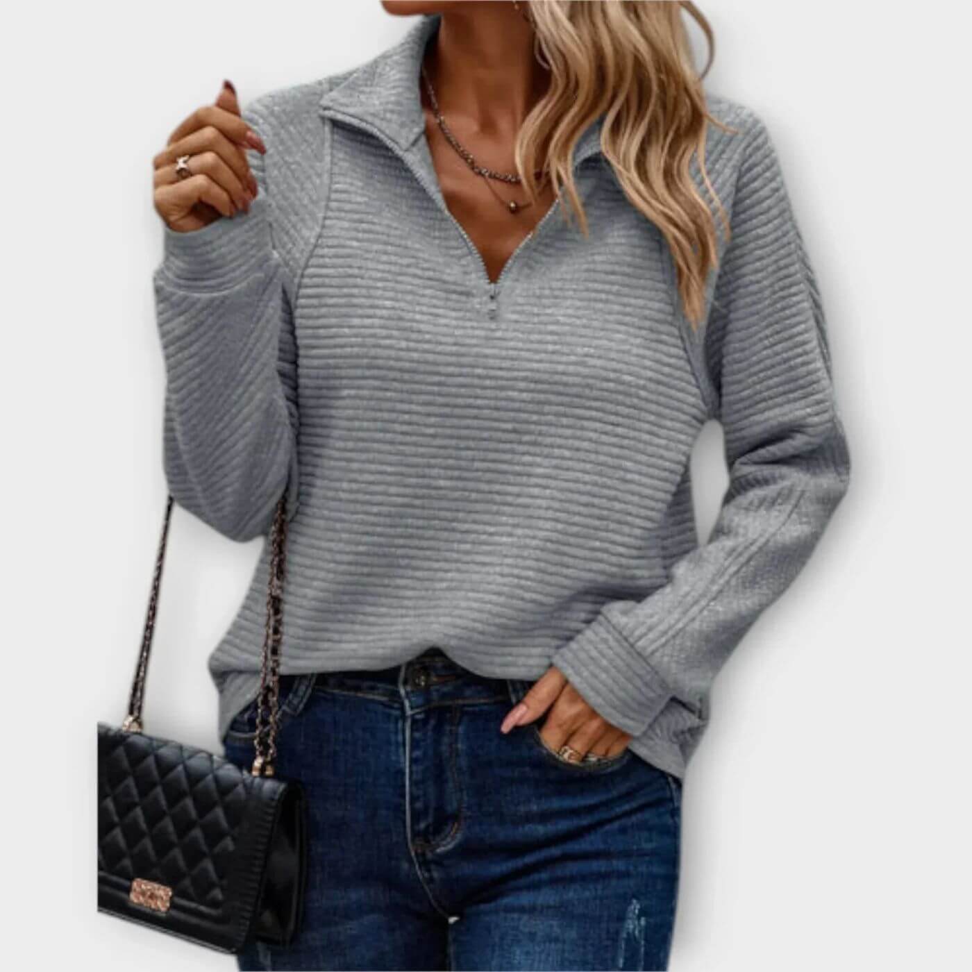 Pull côtelé à demi-fermeture éclair pour femmes – Pull en maille col en V élégant