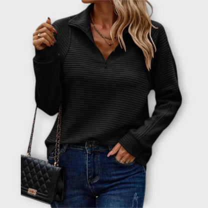 Pull côtelé à demi-fermeture éclair pour femmes – Pull en maille col en V élégant