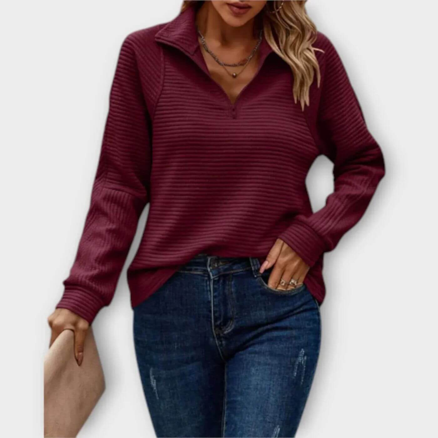 Pull côtelé à demi-fermeture éclair pour femmes – Pull en maille col en V élégant