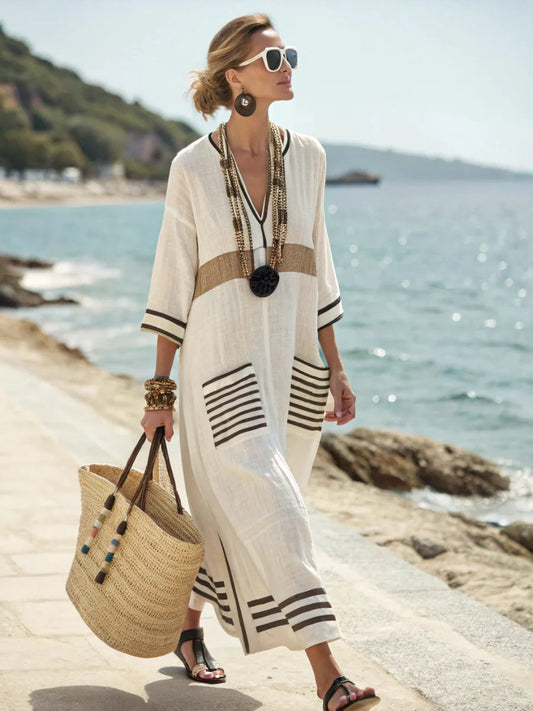 Women's Long White Floral Dress - Elegant Maxi Dress with Long Sleeves