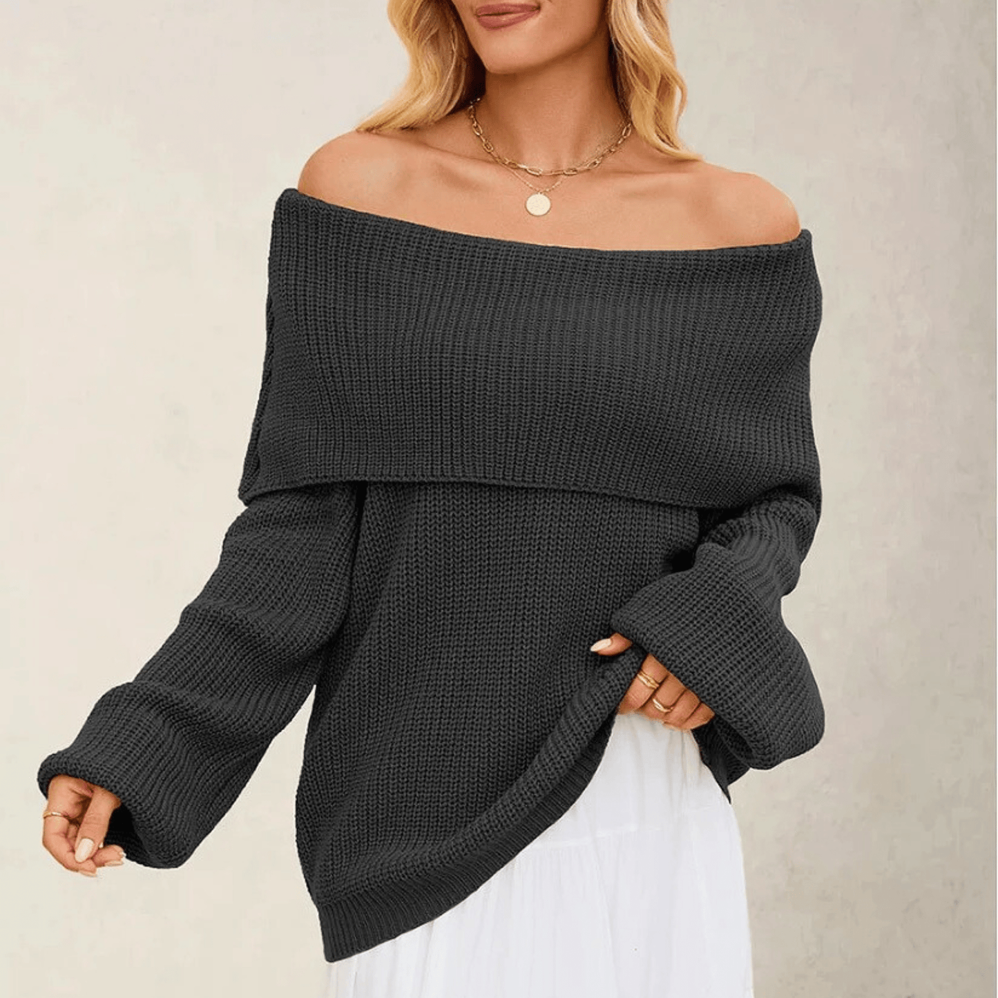 Off-the-shoulder women’s sweater in soft knitwear