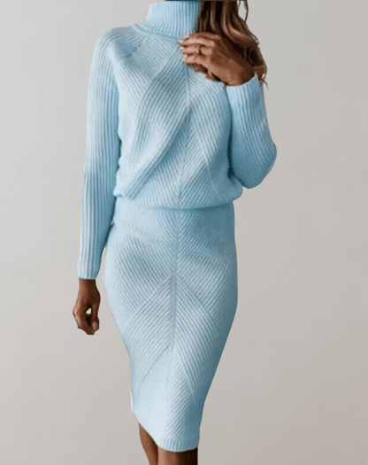 Ensemble Femme en Tricot Côtelé – Pull Col Roulé avec Jupe Ajustée