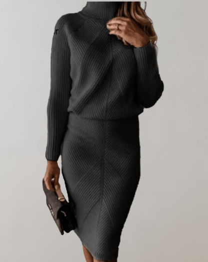 Ensemble Femme en Tricot Côtelé – Pull Col Roulé avec Jupe Ajustée