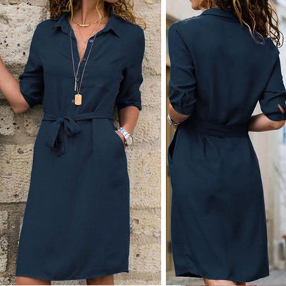 Robe chemise à manches longues et ceinture pour femme – Boutonnée style bureau et décontracté