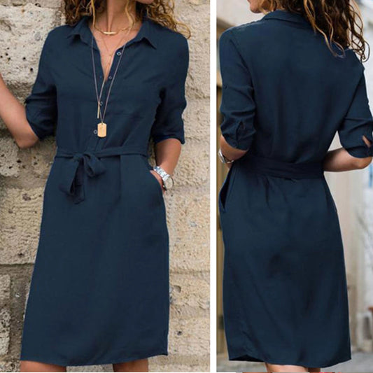 Long-sleeve shirt dress with belt for women – Buttoned office and casual style