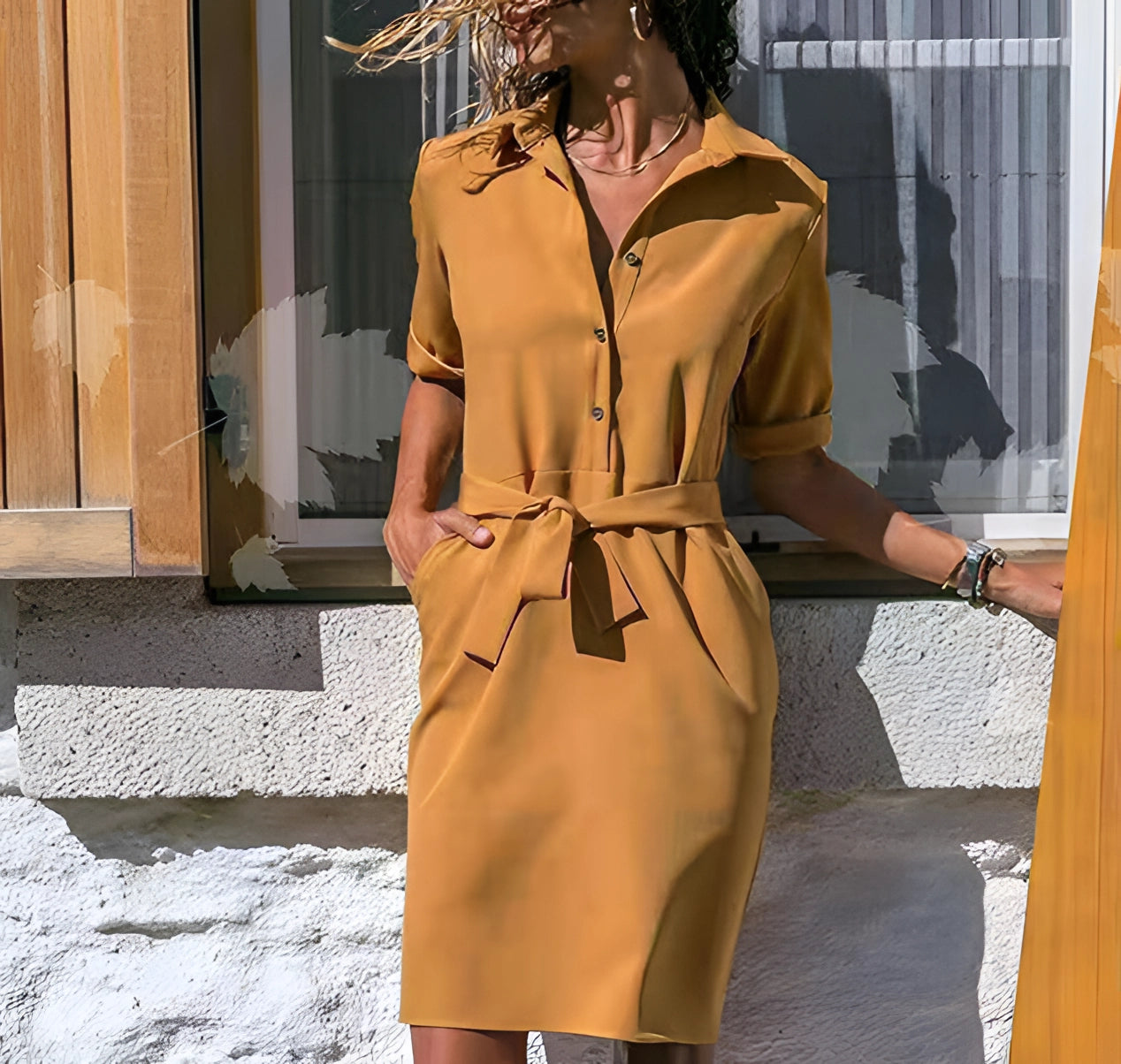 Robe chemise à manches longues et ceinture pour femme – Boutonnée style bureau et décontracté