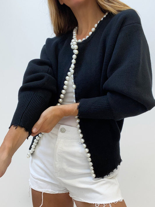 Cardigan Tricoté Femme Orné de Perles – Maille Élégante Manches Longues en Mélange de Coton