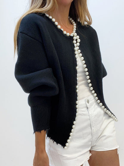 Cardigan Tricoté Femme Orné de Perles – Maille Élégante Manches Longues en Mélange de Coton