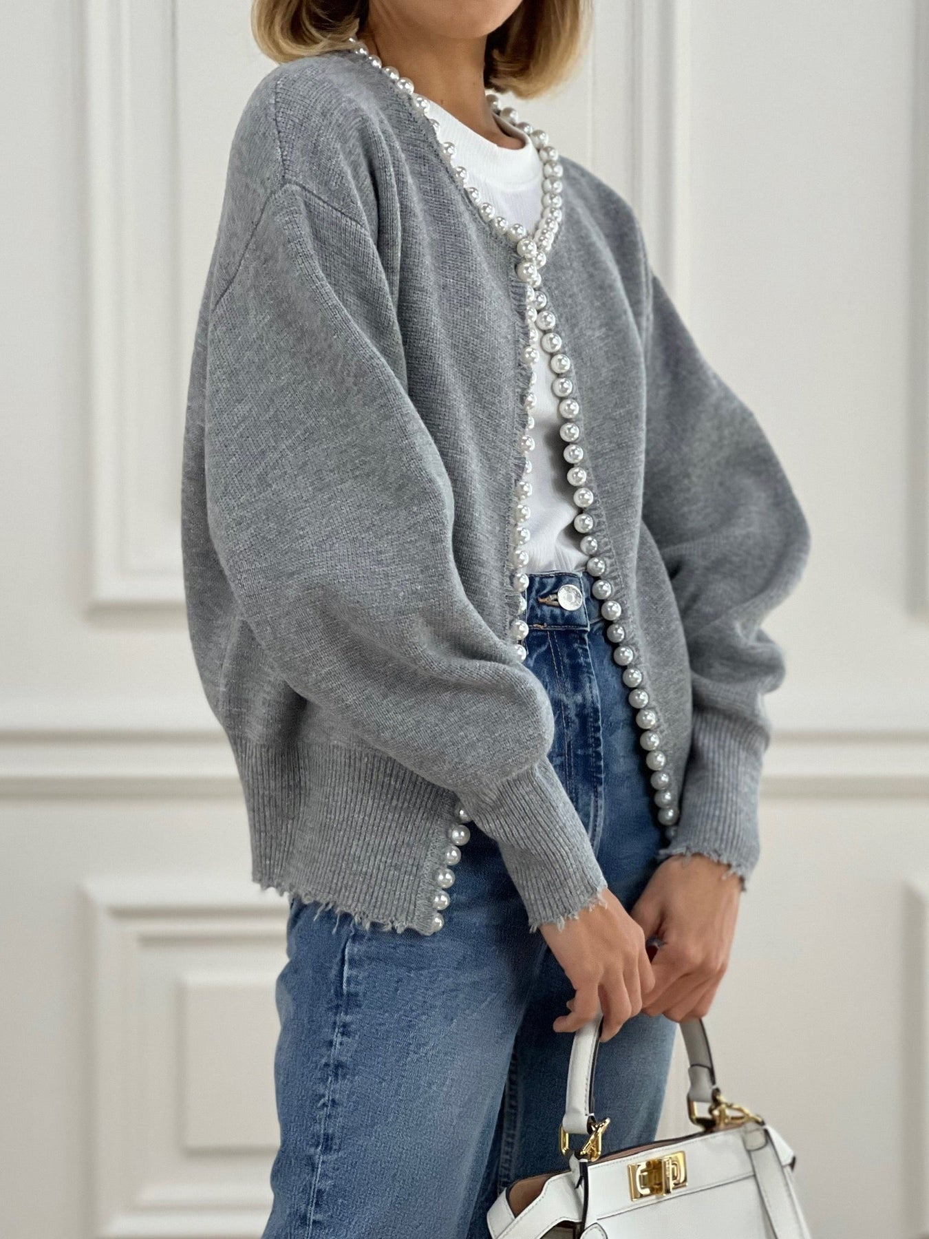 Cardigan Tricoté Femme Orné de Perles – Maille Élégante Manches Longues en Mélange de Coton
