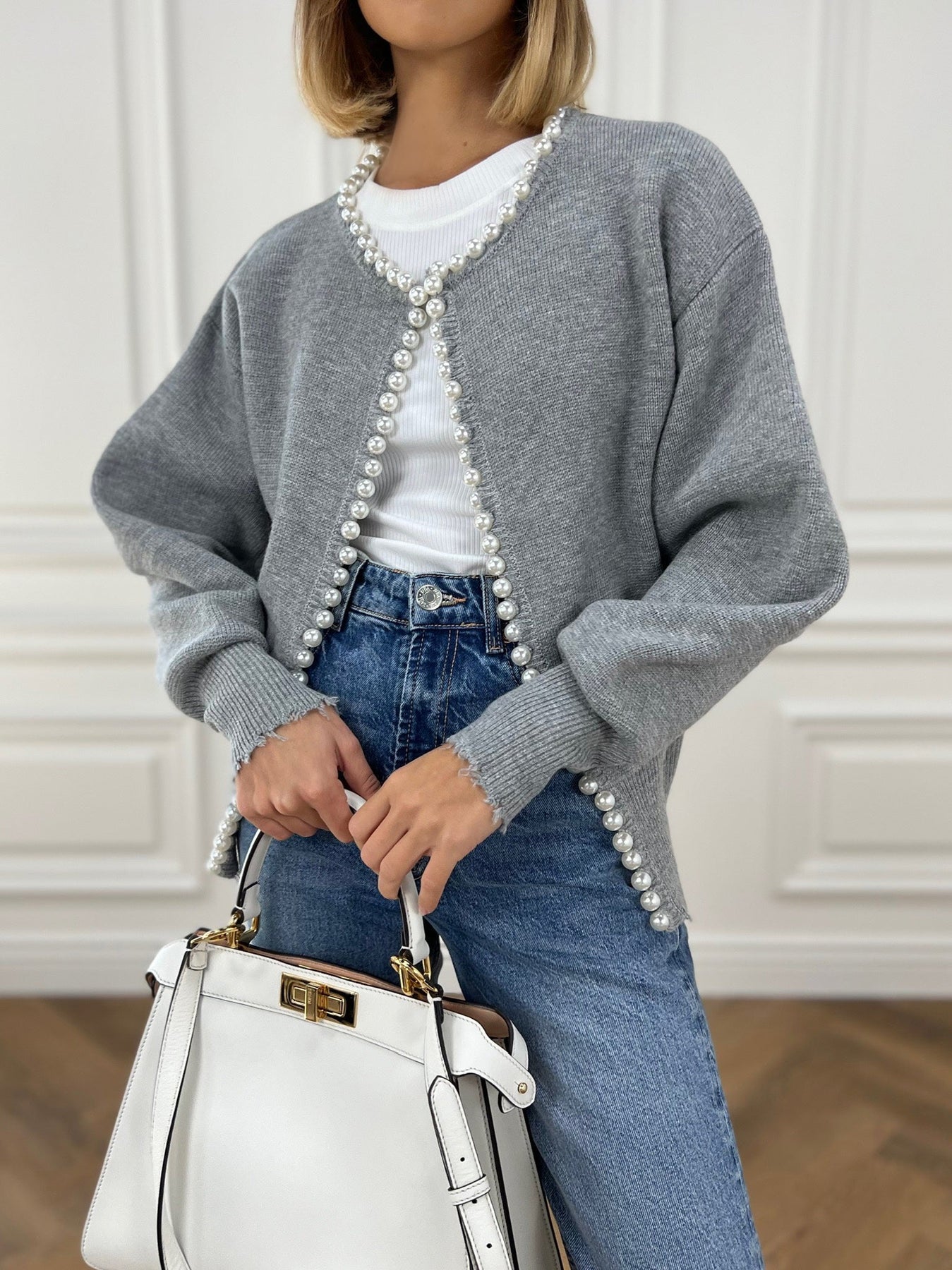 Cardigan Tricoté Femme Orné de Perles – Maille Élégante Manches Longues en Mélange de Coton