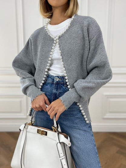 Cardigan Tricoté Femme Orné de Perles – Maille Élégante Manches Longues en Mélange de Coton