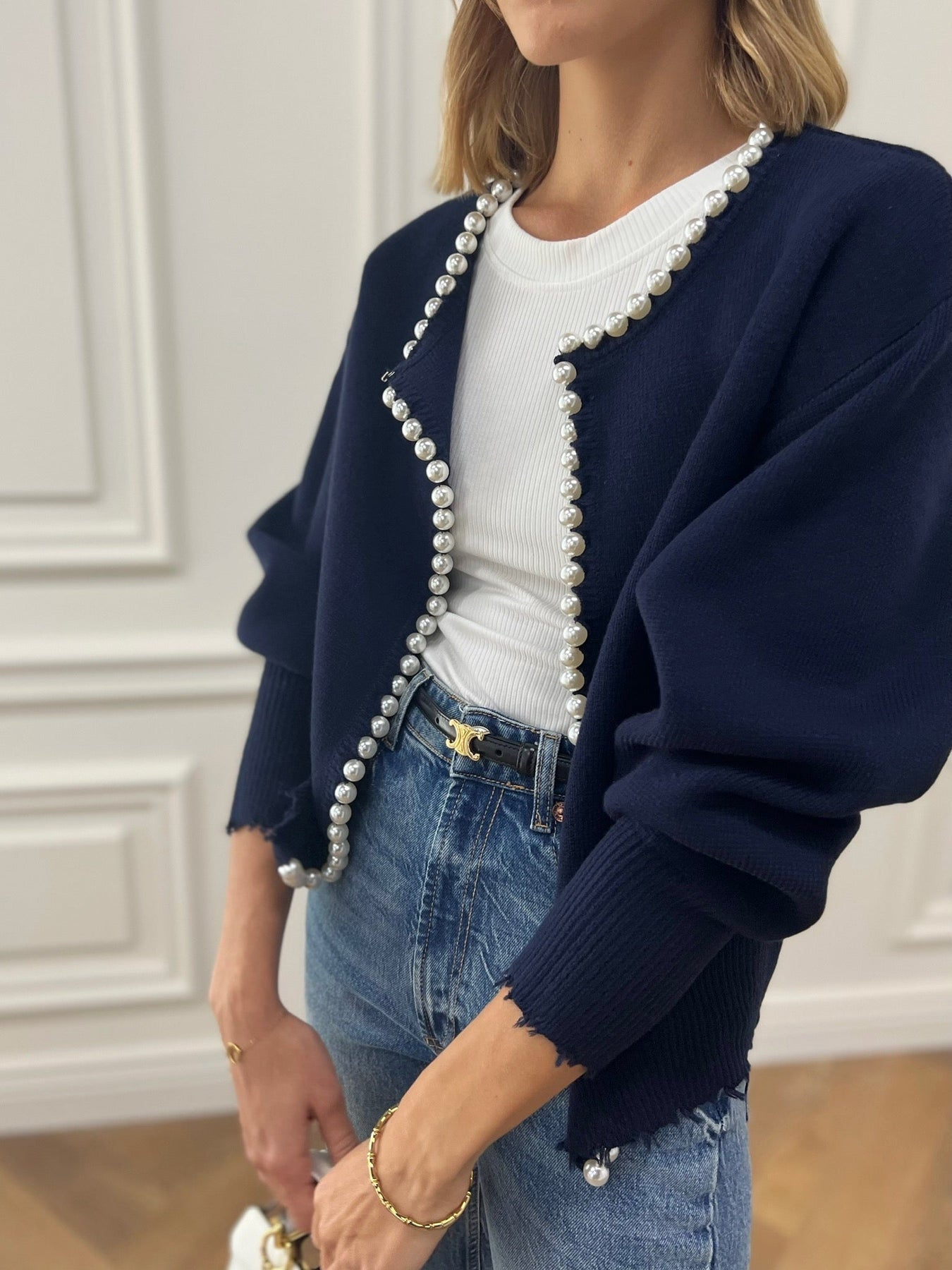 Cardigan Tricoté Femme Orné de Perles – Maille Élégante Manches Longues en Mélange de Coton