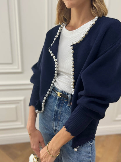 Cardigan Tricoté Femme Orné de Perles – Maille Élégante Manches Longues en Mélange de Coton