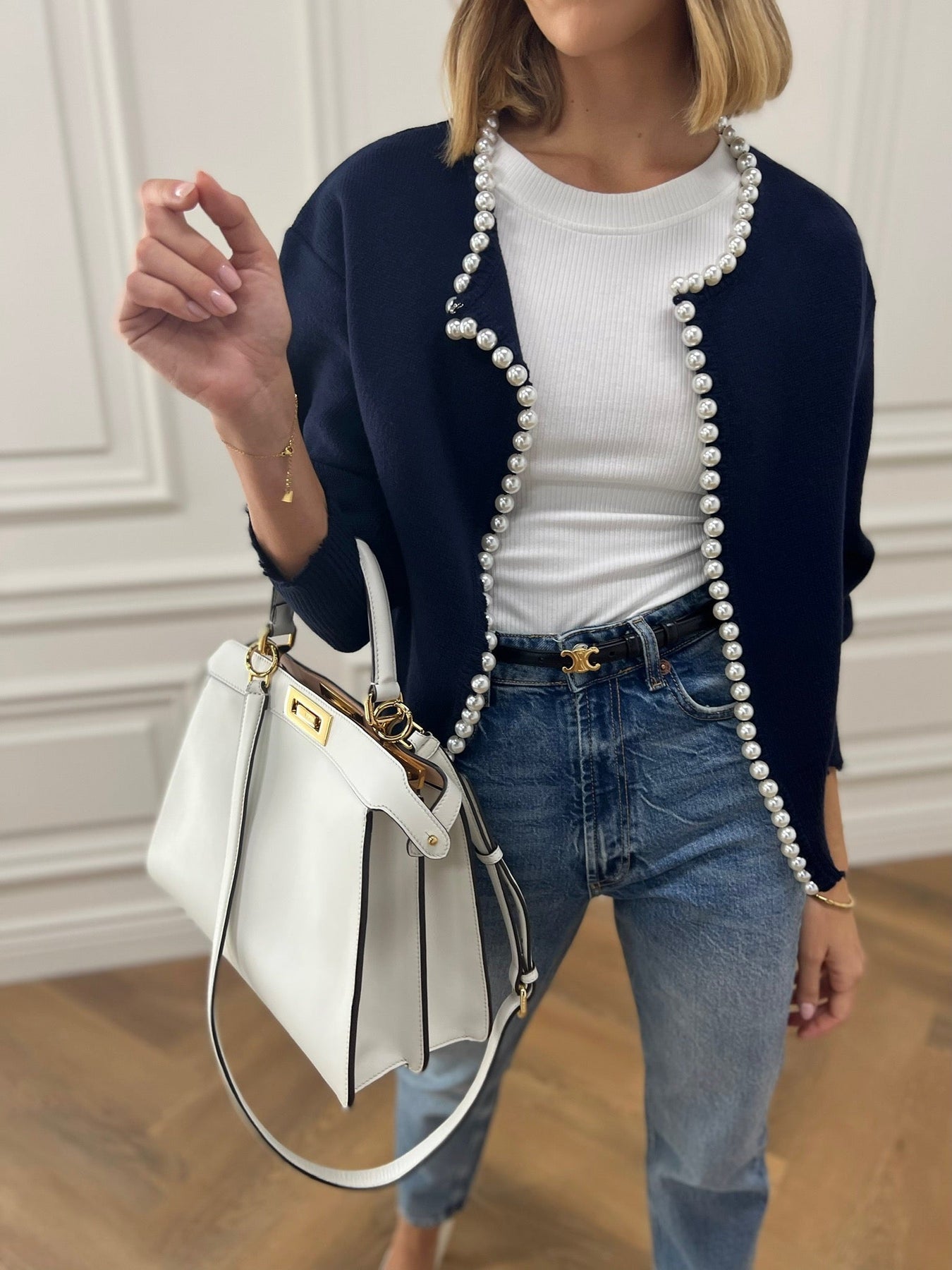 Cardigan Tricoté Femme Orné de Perles – Maille Élégante Manches Longues en Mélange de Coton