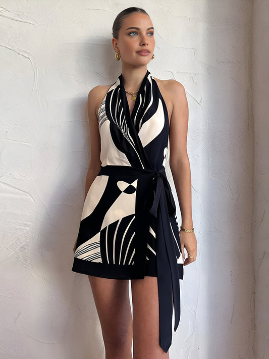 Robe portefeuille abstraite à licou en mélange de satin