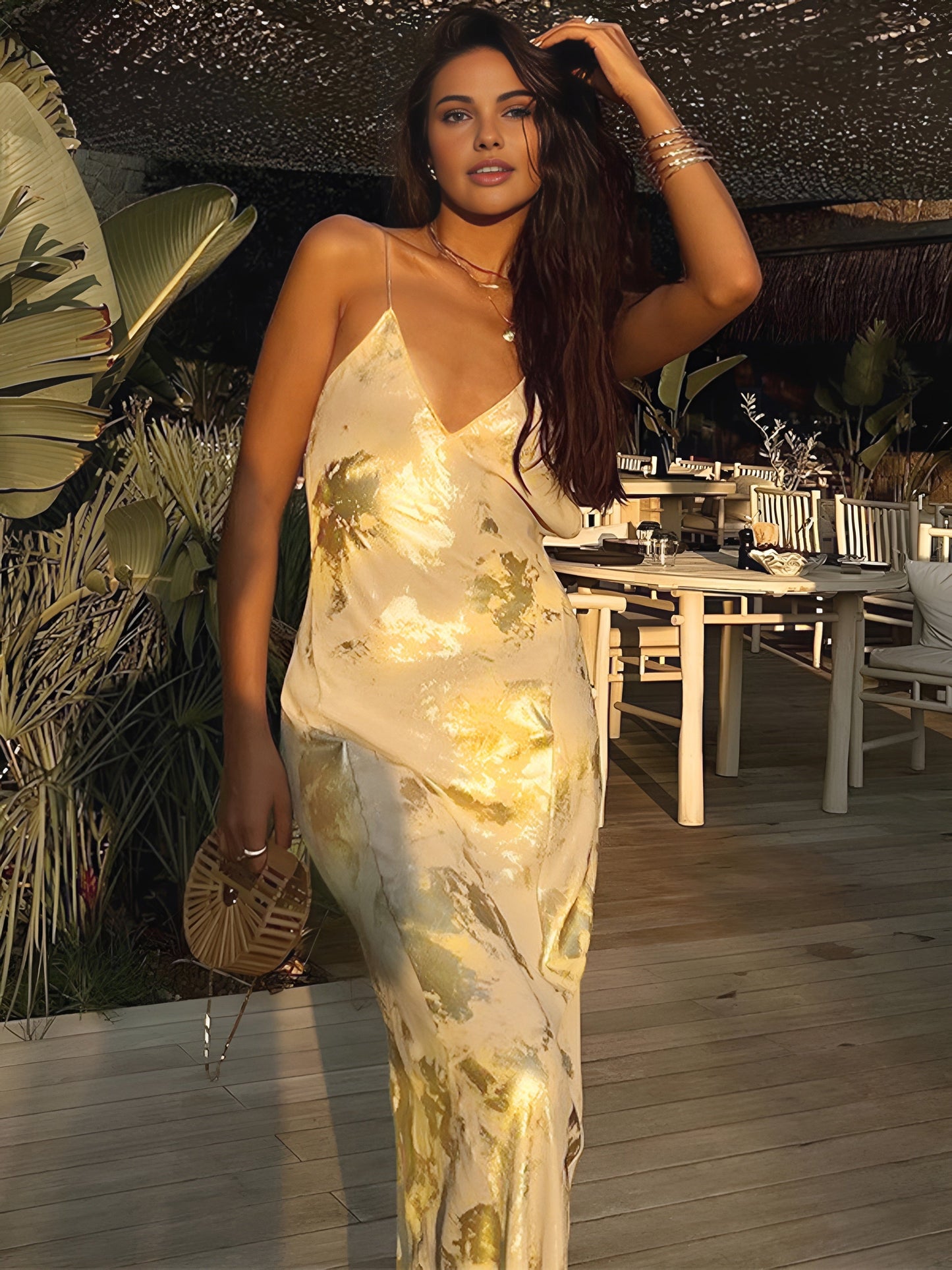 Robe longue fluide femme élégante imprimé métallique or V-col dos nu cocktail invité mariage – Robe de soirée légère et chic