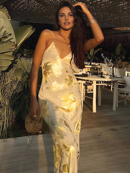 Robe longue fluide femme élégante imprimé métallique or V-col dos nu cocktail invité mariage – Robe de soirée légère et chic