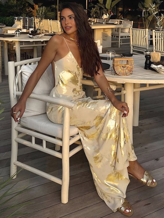 Robe longue fluide femme élégante imprimé métallique or V-col dos nu cocktail invité mariage – Robe de soirée légère et chic