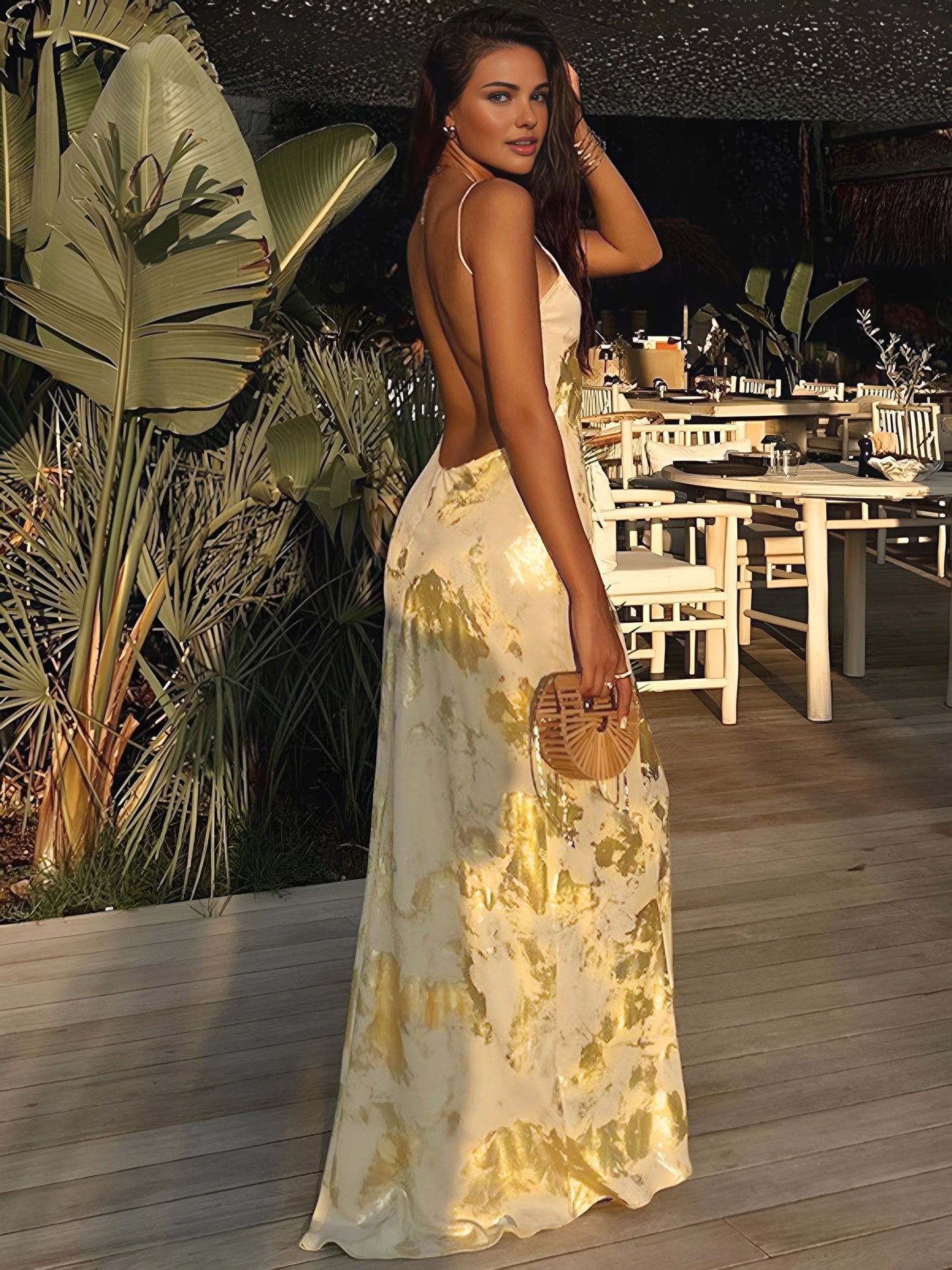 Robe longue fluide femme élégante imprimé métallique or V-col dos nu cocktail invité mariage – Robe de soirée légère et chic
