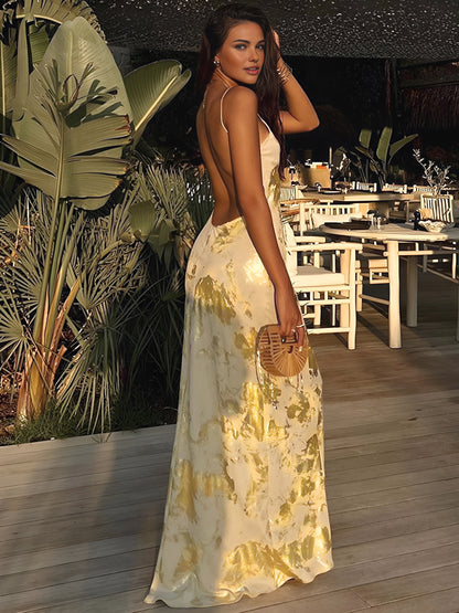 Robe longue fluide femme élégante imprimé métallique or V-col dos nu cocktail invité mariage – Robe de soirée légère et chic