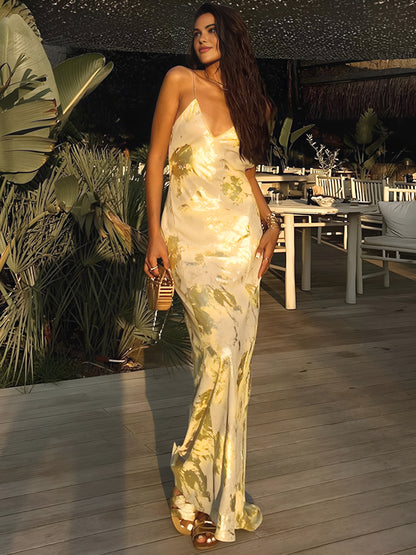 Robe longue fluide femme élégante imprimé métallique or V-col dos nu cocktail invité mariage – Robe de soirée légère et chic