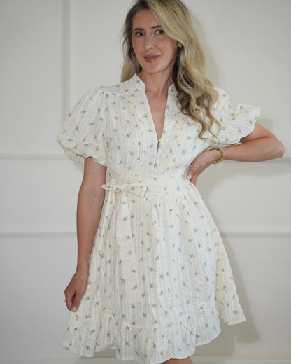 Robe midi fleurie femme – Manches bouffantes et ceinture à la taille