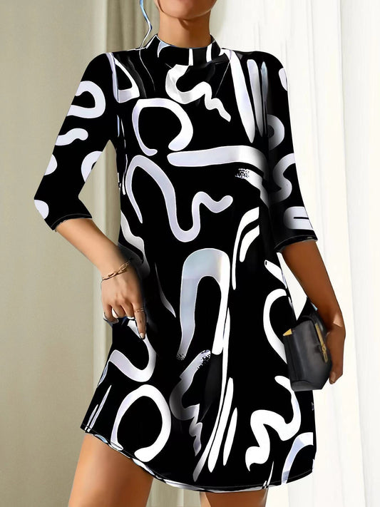 Casual Mini Dress with Three-Quarter Sleeves for Women – High Neck, Loose Summer Fit