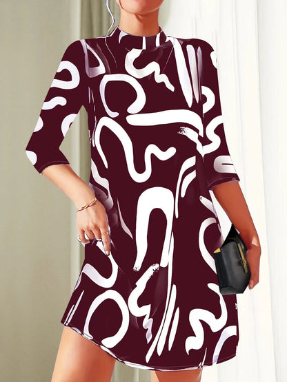 Robe Mini Décontractée à Manches 3/4 Femme – Col Haut Coupe Décontractée Été