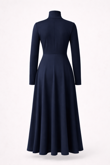 Robe Midi en Maille Bleu Marine Femme – Élégante Coupe A avec Col Montant et Manches Longues